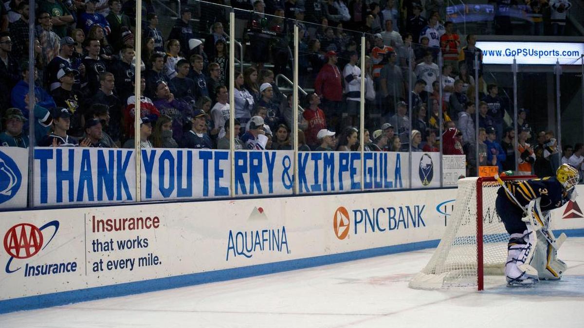 A sign thanking Terry and Kim Pegula hangs during a Minnesota Wild vs. Buffalo Sabres hockey game in September 2016 at Pegula Ice Arena. Since the Pegulas made an initial gift of $88 million, use of and attendance at the arena has grown.