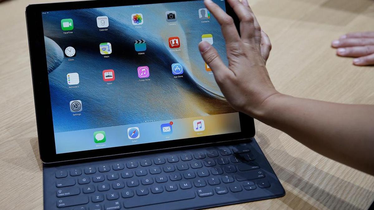 The new iPad Pro is seen with a Smart Keyboard during a product display following an Apple event Wednesday, Sept. 9, 2015, in San Francisco. (AP Photo/Eric Risberg)