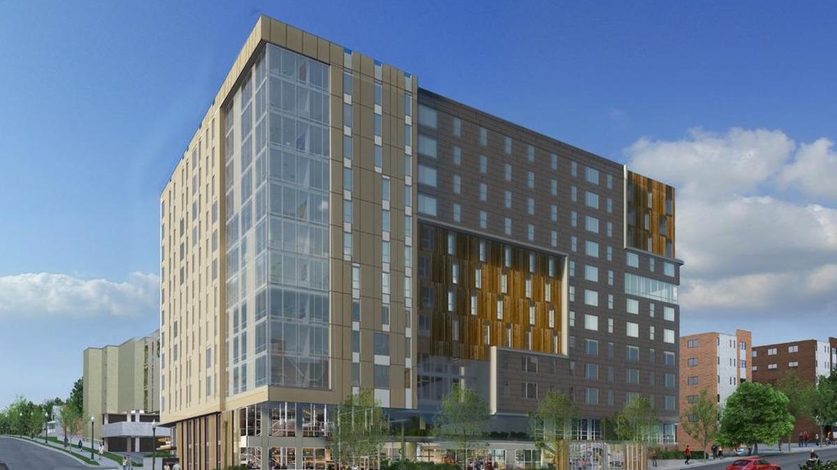 This is a rendering of Rise at State College, a 12-story mixed-use building under construction.