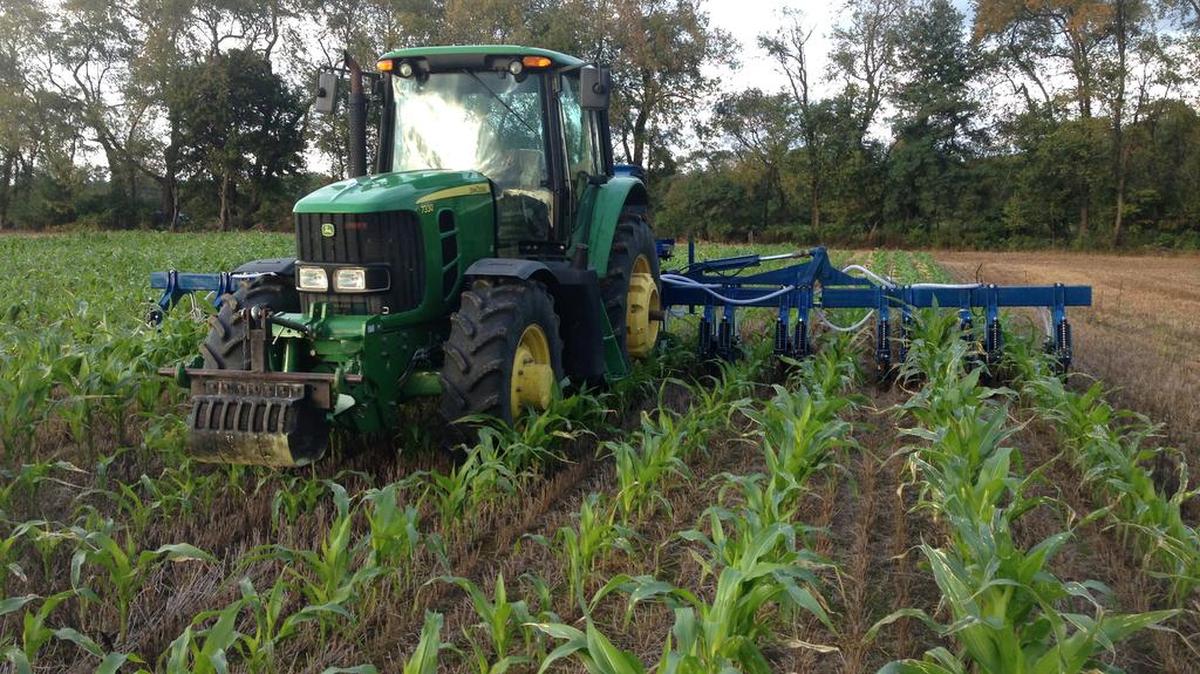 The InterSeeder plants cover crops between rows of corn or soybeans when the crops are about six weeks old.