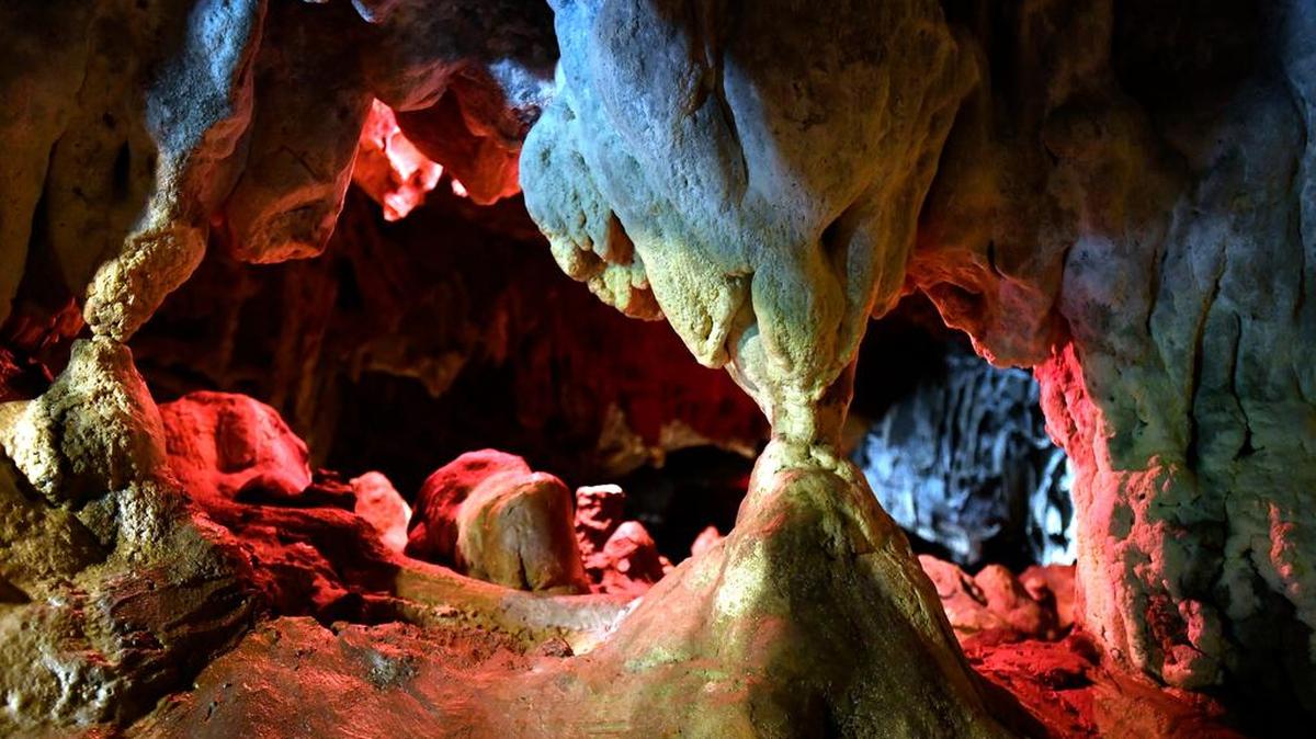 Formations inside the caverns are colorfully lit. Indian Caverns is located at 5386 Indian Trail in Spruce Creek, Pa. June 9, 2016.