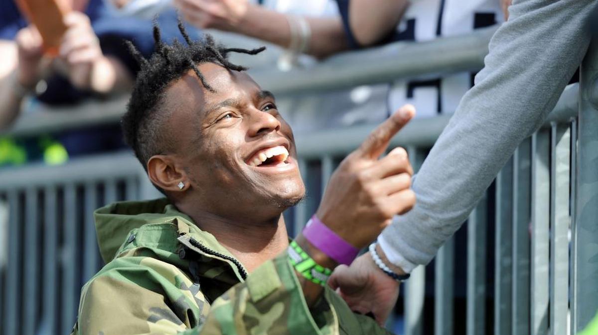 Former Penn State wide receiver DaeSean Hamilton meets fans during the Blue-White game Saturday, April 21, 2018 at Beaver Stadium.