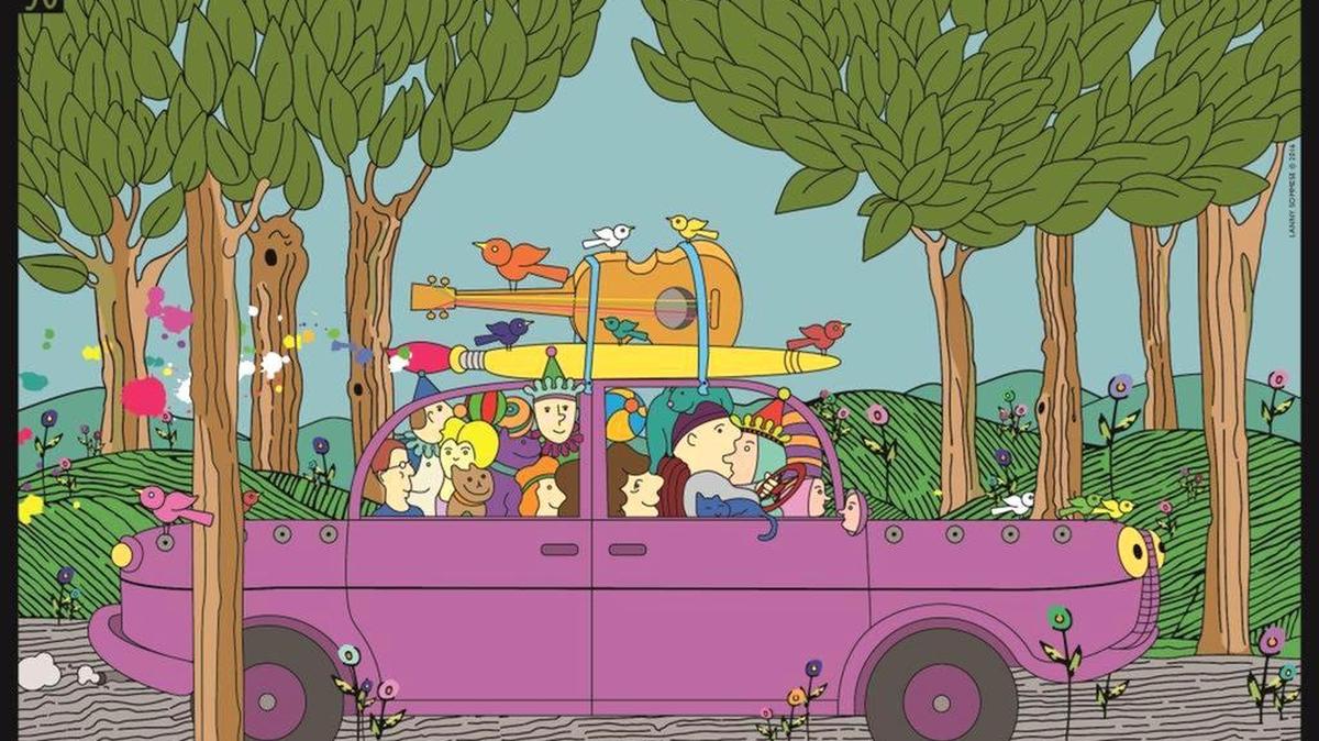 The Central Pennsylvania Festival of the Arts has released its 2016 collectable poster. The 24” by 36” inch poster features the Festival’s jester driving a car filled with his friends, driving through Pennsylvania woodlands to the Festival, a string bass and giant paintbrush strapped to the roof of their purple sedan. The poster for the 2016 festival was designed by Lanny Sommese.