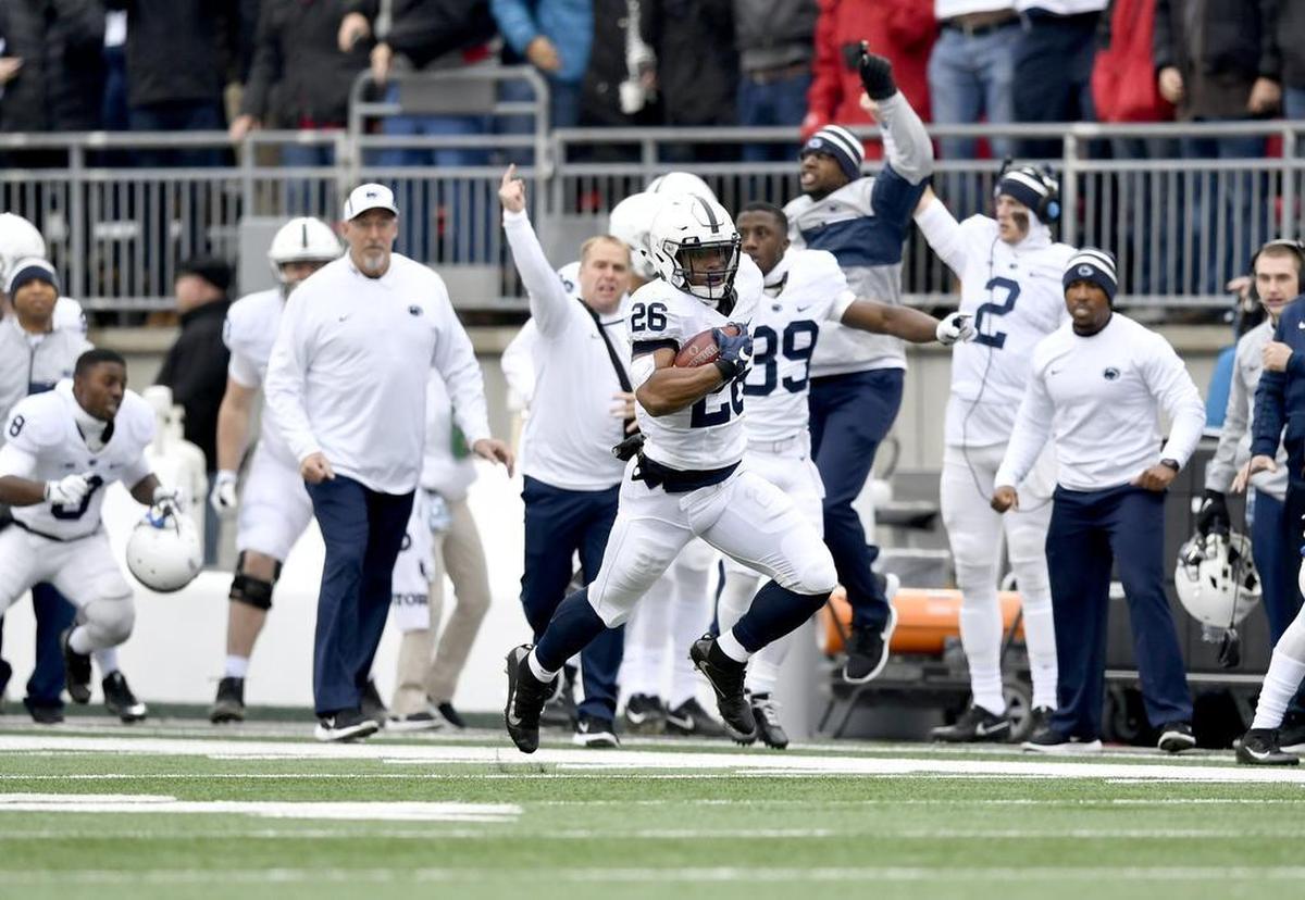 Penn State running back Saquon Barkley has a 97 yard touchdown return to start the Saturday, 28, 2017 game at Ohio Stadium.