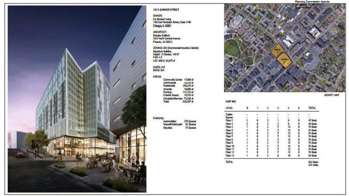 A 145-foot mixed-use building is proposed at South Garner Street and East Calder Way in downtown State College.