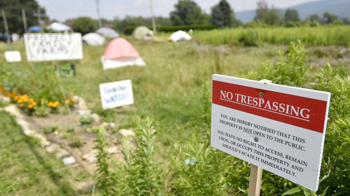 A no trespassing sign has been placed on the land were the Nittany Valley Water Coalition has been camping out for 48 days to protest the Toll Brothers project.