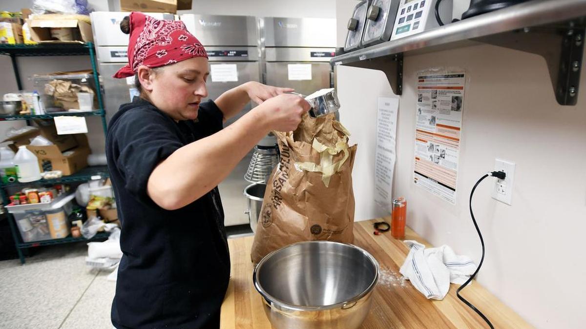 Feel Goodery Foods co-owner Laura Zaino prepares a sweet almond short crust pastry Monday at the Good Shepherd Catholic Church in Grays Woods.