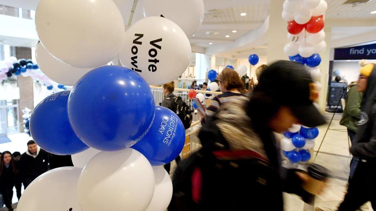 Balloons are hung in Penn State’s HUB-Robeson Center in November 2017 to help encourage students to vote. Judge of elections Sharon Gaddes said turnout was low but “on track” with other general municipal elections.