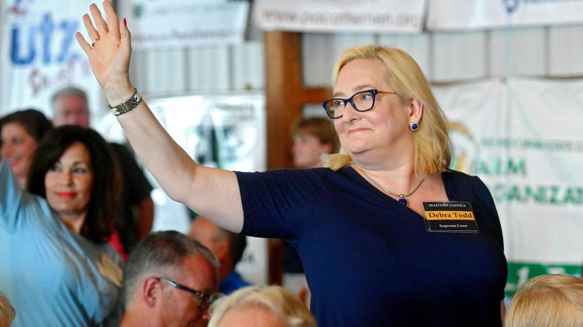 Pennsylvania Supreme Court Justice Debra Todd waves to the crowd at the Penn State Ag Progress Days Government and Industry Day Luncheon on Wednesday, August 16, 2017.