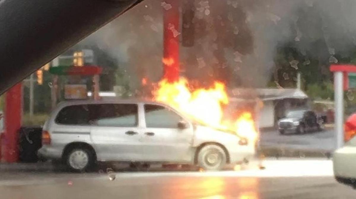A minivan erupted into flames at the North Atherton Street Sheetz in Patton Township on Thursday morning.