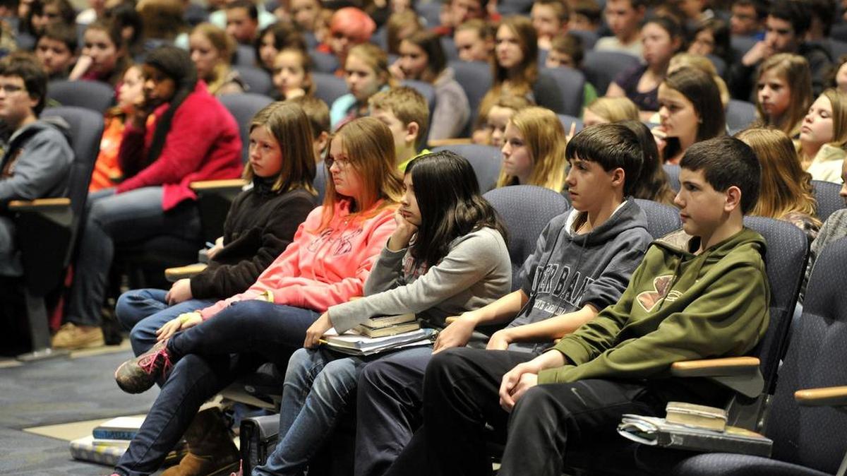 Students listen as Erika Dominick gives a presentation about cyberbullying and Internet safety to Bald Eagle students February 9, 2016. Dominick works for the Pa. Office of the Attorney General Education and Outreach Unit.