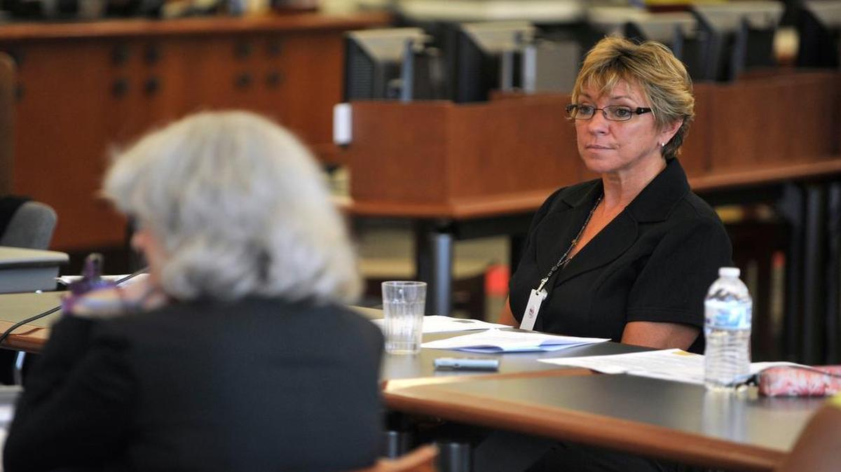 Cheryl Potteiger, superintendent for the Bellefonte Area School District, during a board meeting in 2013. The board voted to not renew her contract.