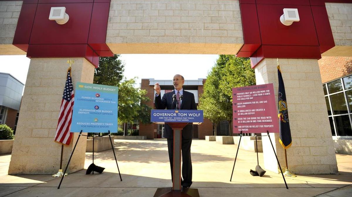 Gov. Tom Wolf speaks in front of Bellefonte Area High School in 2015. Bellefonte Area School District administration is working on solving a community parking problem by lowing the cost of student parking by $15.