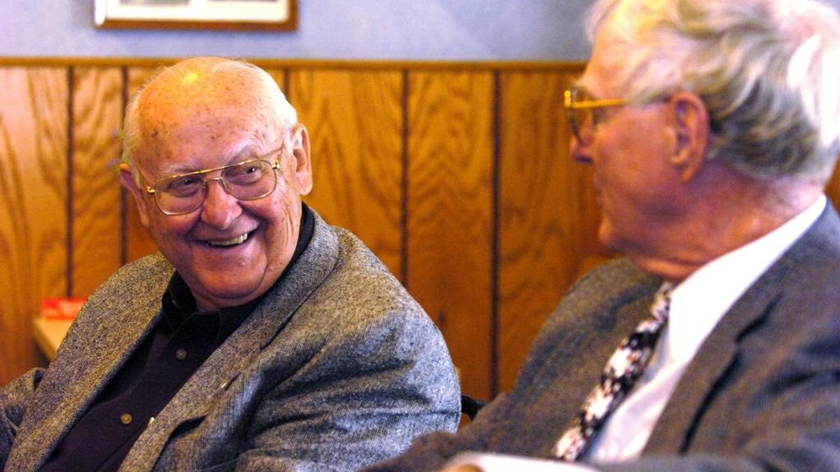 Stan Goldman laughs while having coffee with his friend former Judge Charles C. Brown at The Diamond Deli in Bellefonte in 2005. The former Bellefonte mayor died Sunday.