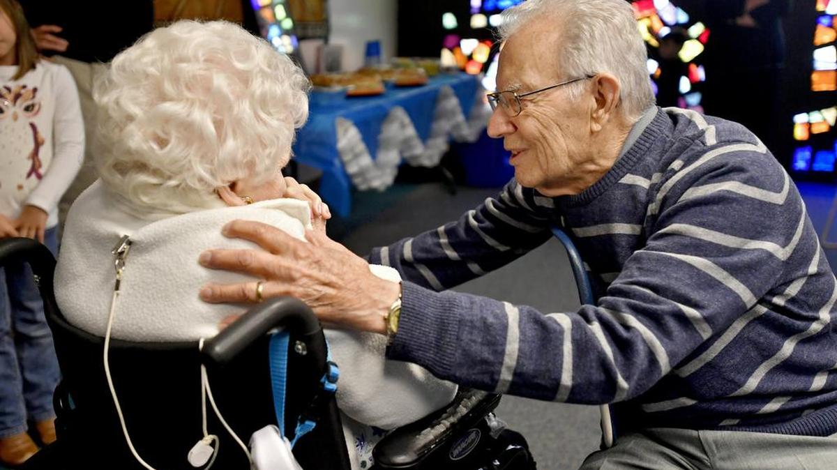 Bob and Mary Bostian celebrate their 75th wedding anniversary on Saturday. Bob, 96, and Mary, 94, met in 1938 and say it was love at first sight. Bob told Mary how nice she looked when she arrived at the chapel at Centre Crest.