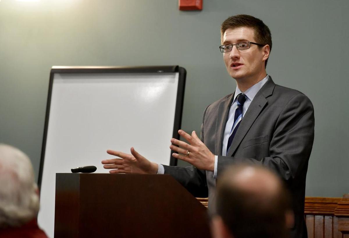 Centre County Commissioner Michael Pipe speaks at the Centre County Courthouse Annex on June 8, 2017.