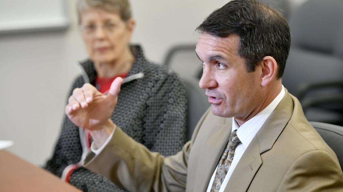 Auditor General Eugene DePasquale speaks to the media after meeting with State College Mayor Elizabeth Goreham mainly about regulation and taxation of marijuana on Thursday, April 27, 2017.