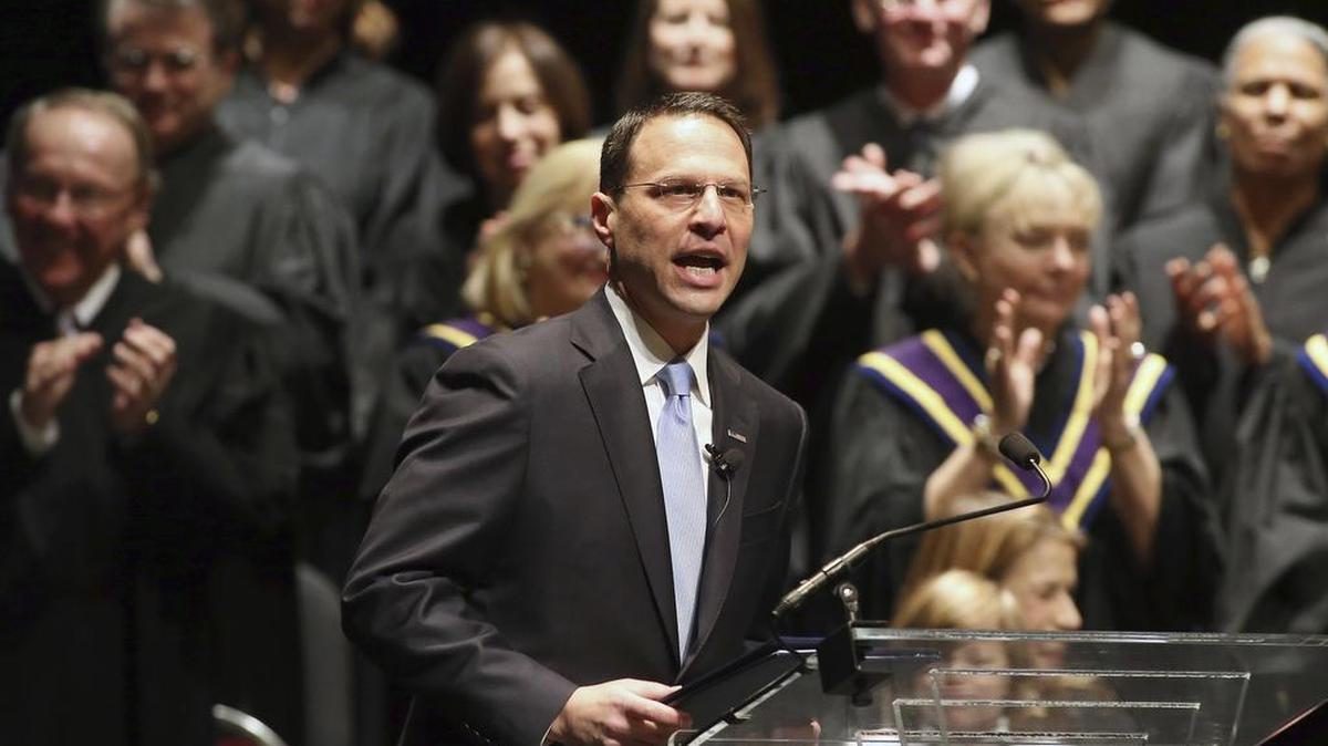 Josh Shapiro, speaks to the crowd after being sworn in as Pennsylvania’s attorney general on Jan. 17 at the Whitaker Center in Harrisburg. Shortly after being sworn in, Shapiro was handed a request by a watchdog group to investigate the relationship between the Centre County District Attorney Stacy Parks Miller, convicted and resigned Attorney General Kathleen Kane and her successor, Bruce Castor.