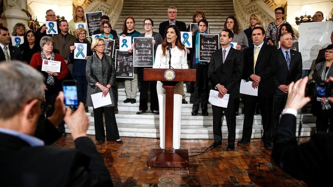 Pennsylvania Attorney Gen. Kathleen Kane speaks at a child sex abuse statute of limitations rally at the state Capitol in Harrisburg on Monday.