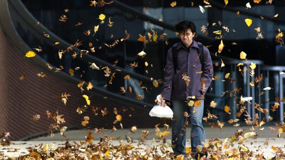 Penn State student Tze-Kuang Lee reacts as leaves blow around him while walking through the IST building in 2004. Centre County is currently under a wind advisory until midnight.