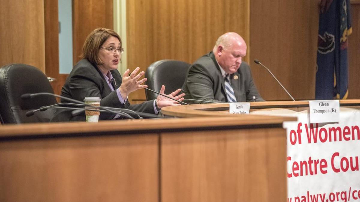 Democratic challenger Kerith Strano Taylor, left, and Republican incumbent U.S. Rep. Glenn Thompson answer questions at the League of Women’s Voters Centre County’s General Election Candidate’s Night in State College. The LWVCC provides a voters guide ahead of each election.