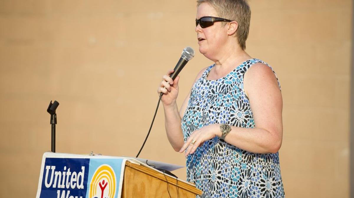 Tammy Gentzel, executive director, speaks during the Centre County United Way kickoff at Sound Technology in State College on Monday, August 17, 2015. Gentzel said the nonprofit is about $100,000 away from its $2.2 million goal.