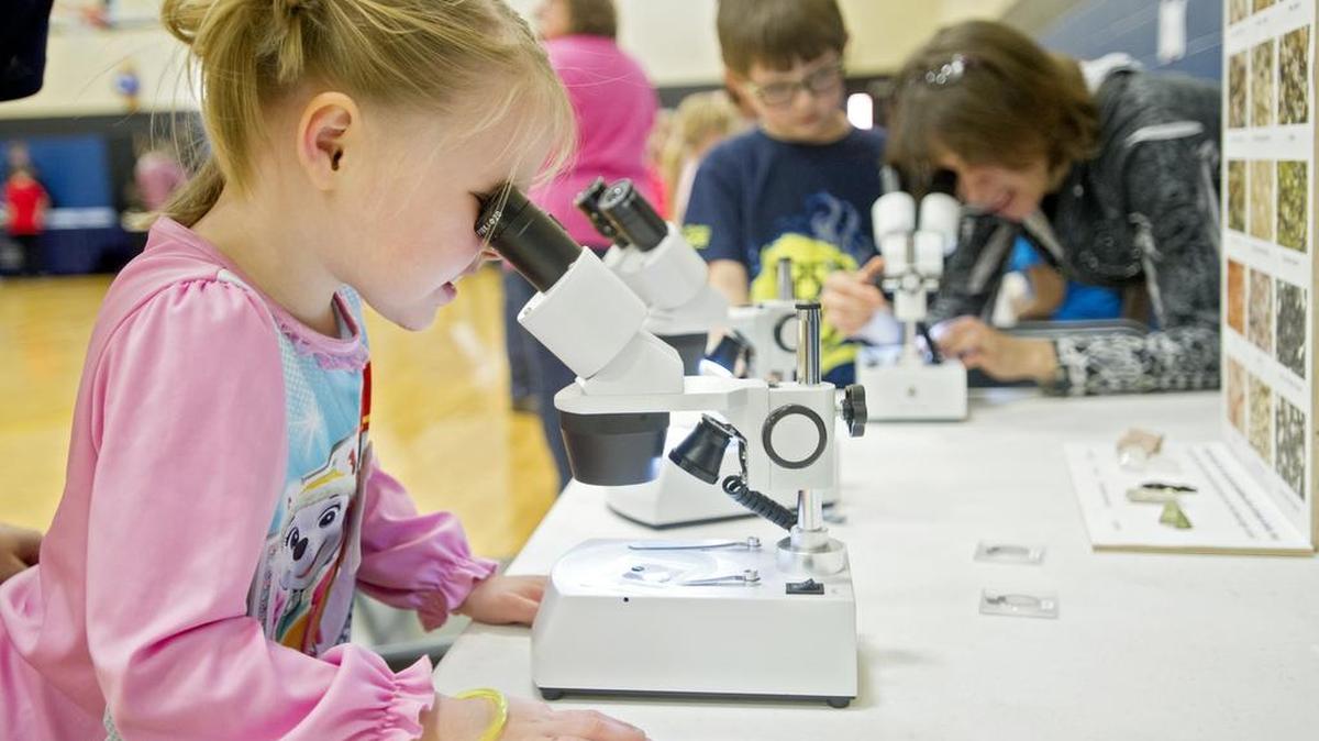 Addison Biddle, 4, looks through a microscope at Ellen McHenry’s table during the science fair night at Centre Hall-Potter Elementary School on Wednesday.