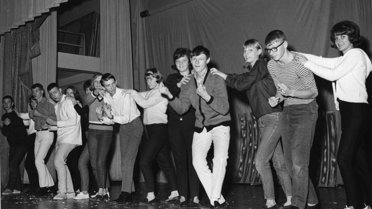This photo shows the singing and soft shoe dance number performed by the band students to a song from “West Side Story.” Pictured from right are Kurt Breon, Gay Arney, Pat Snyder, Mike Frazier, Jessica Barger, Sally Dunklebarger, Linda Heckman, Jim Rearick, Gloria Rachau, Cindy Stover, Carl Snyder, Patti Mingle, Robin Fisher and Becky Fohringer.