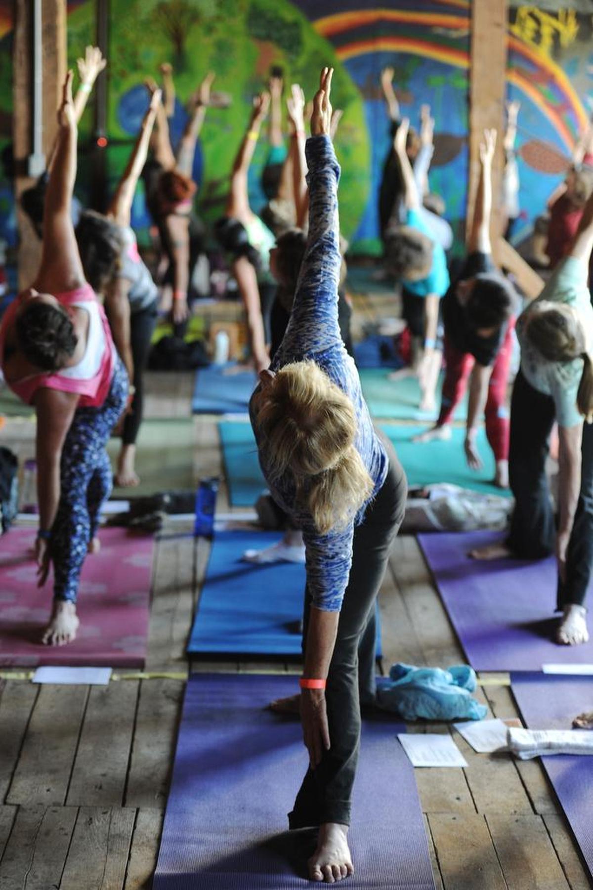 Attendees participate in the community class during Yoga Fest Sunday, Oct. 22, 2017 at Millbrook Marsh.
