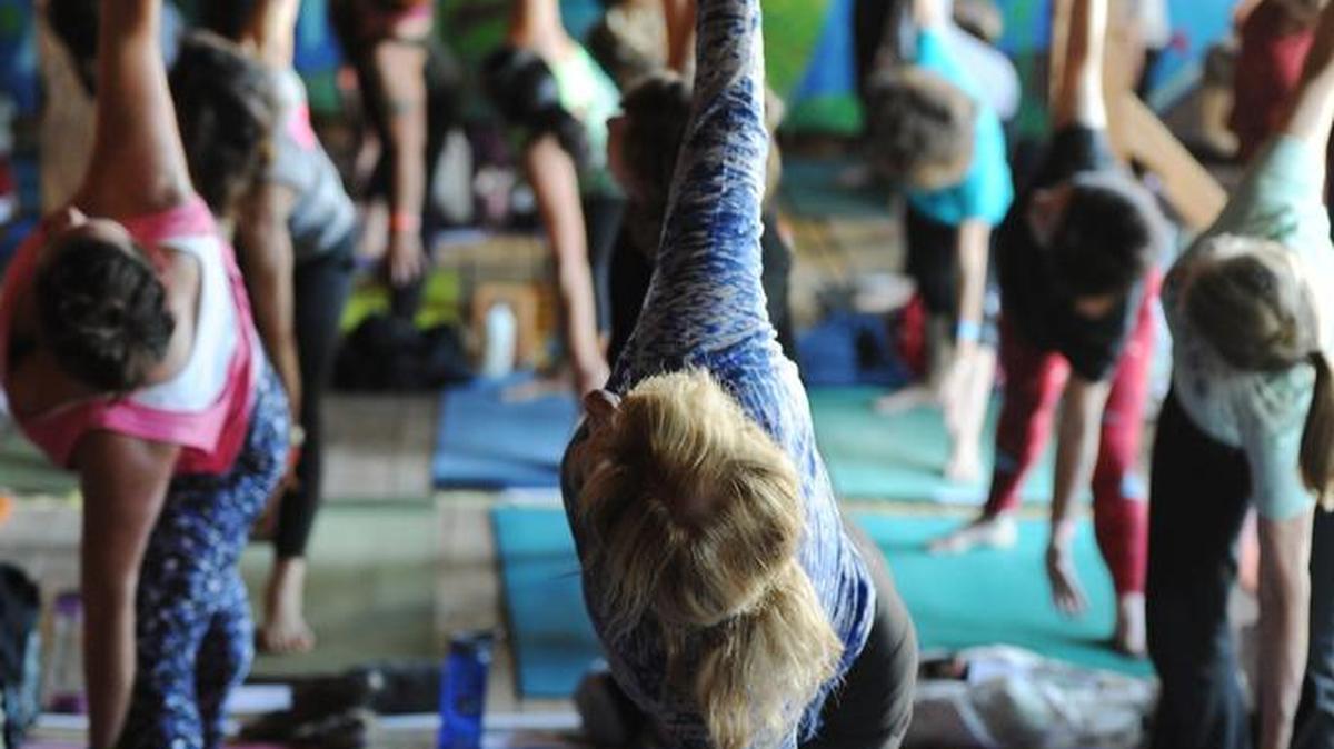 Attendees participate in the community class during Yoga Fest Sunday, Oct. 22, 2017 at Millbrook Marsh.