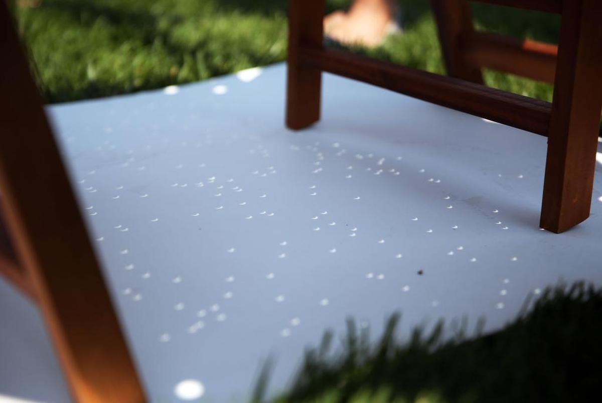 The Aug. 21, 2017 solar eclipse is reflected through multiple holes on a sheet of metal and projected onto a piece of paper at The Arboretum at Penn State.