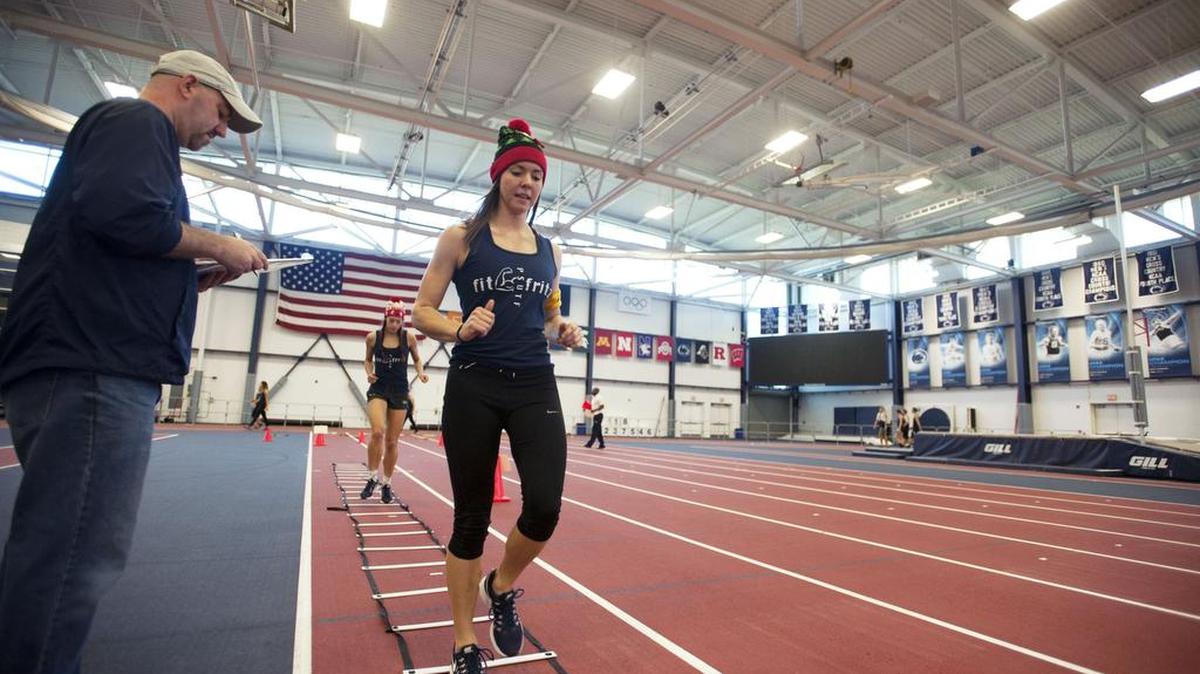 Penn State junior Rachael DeCecco, right, and freshman Grayson McCloy participate in the Fit for Fritz walk-athon on Sunday at the Penn State Multi-Sport Facility.