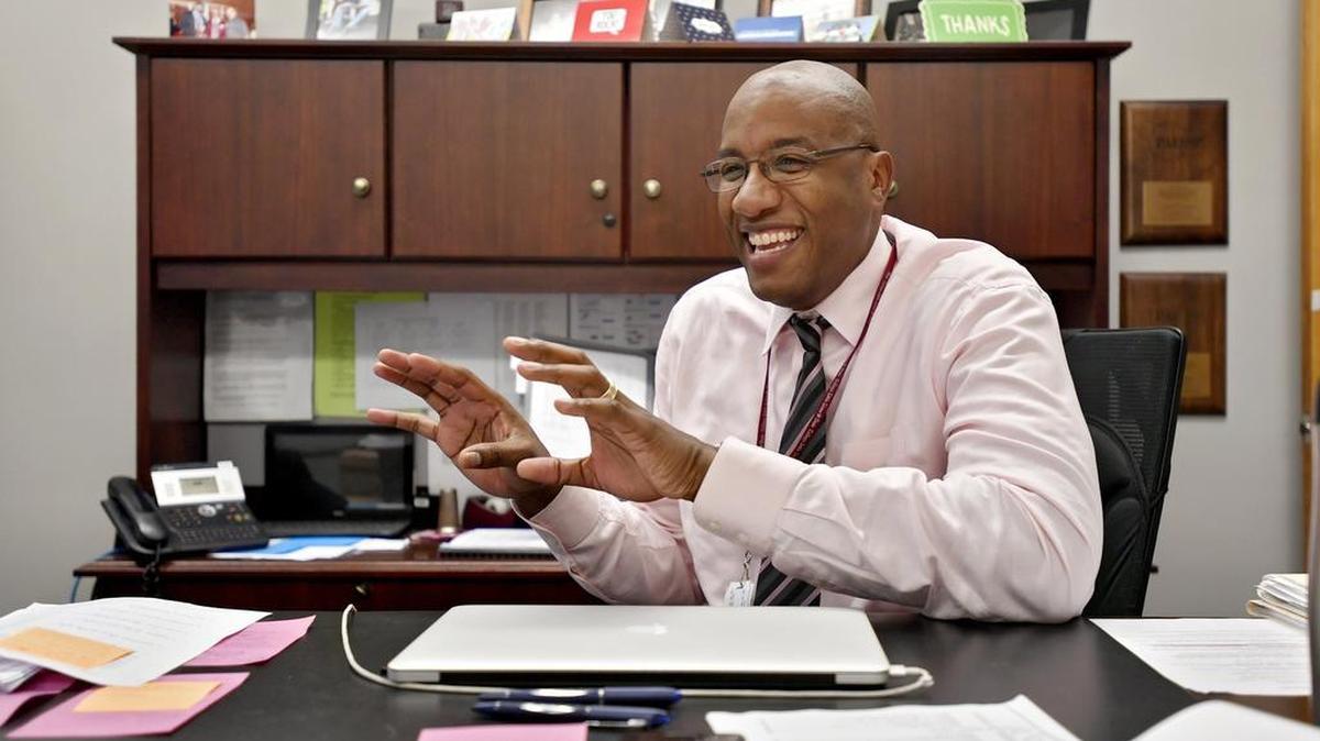 Newly named State College Area High School Principal Curtis Johnson talks about his job on Wednesday, May 11, 2016.