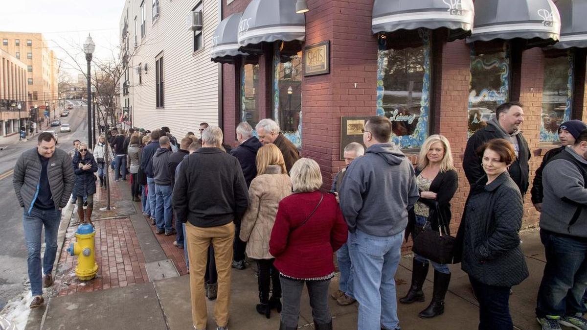 A line forms along Pugh Street and around the corner to get into the Rathskeller on Saturday.