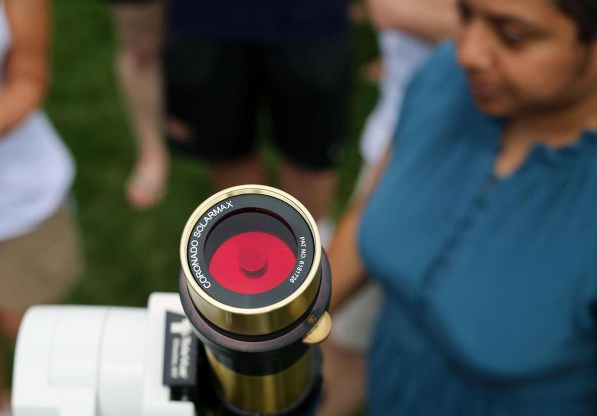 A Coronado telescope is used to view the solar eclipse Monday, Aug. 21, 2017 at The Arboretum at Penn State.