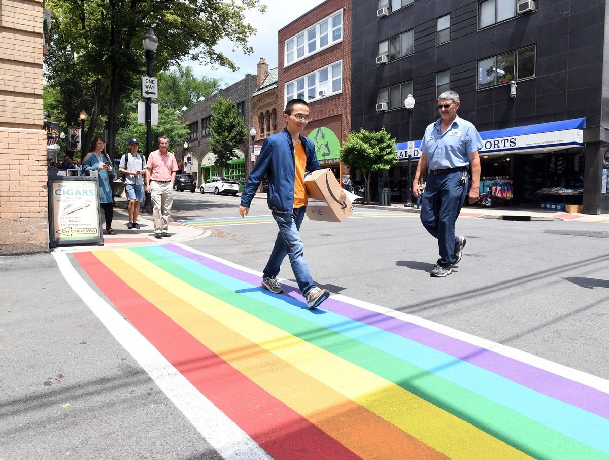 The State College borough and the Penn State student government teamed up to paint rainbow crosswalks at the intersection of South Allen Street and Calder Way in June 2018.