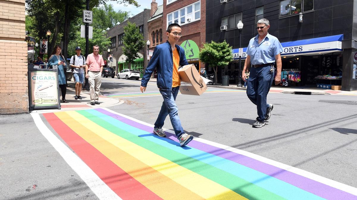 The State College borough and the Penn State student government teamed up to paint rainbow crosswalks at the intersection of South Allen Street and Calder Way in June.