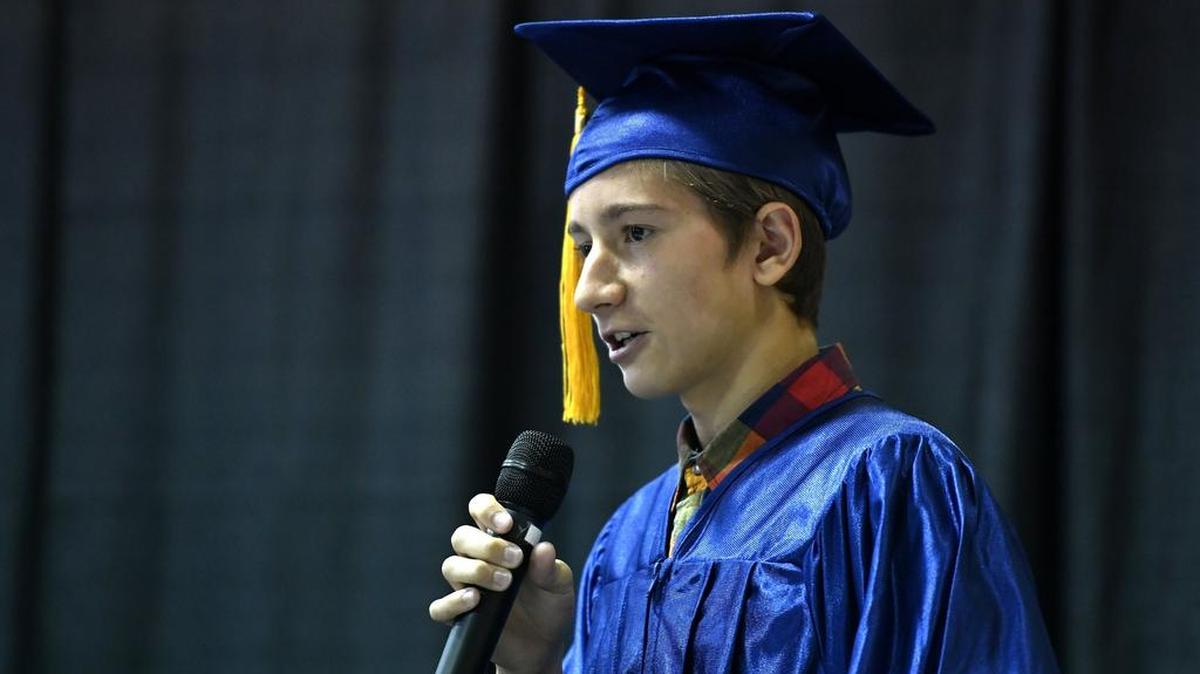 Valedictorian Willem Antonio Duiker speaks during graduation. Young Scholars of Central Pennsylvania held its eighth-grade graduation Wednesday.