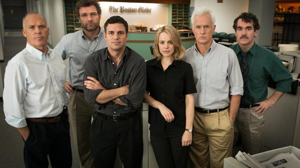 The cast of the Academy Award-winning film “Spotlight” poses for a photo. Penn State alumnus Tom Ortenberg, CEO of Open Road Films, screened the movie Tuesday at The State Theatre in State College.