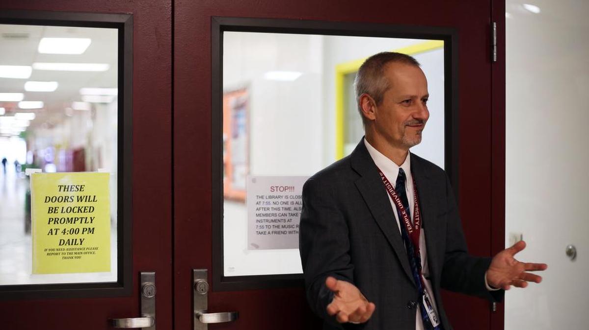 State College Director of Physical Plant Ed Poprik speaks about Park Forest Middle School’s flood damage Monday at Park Forest Middle School.