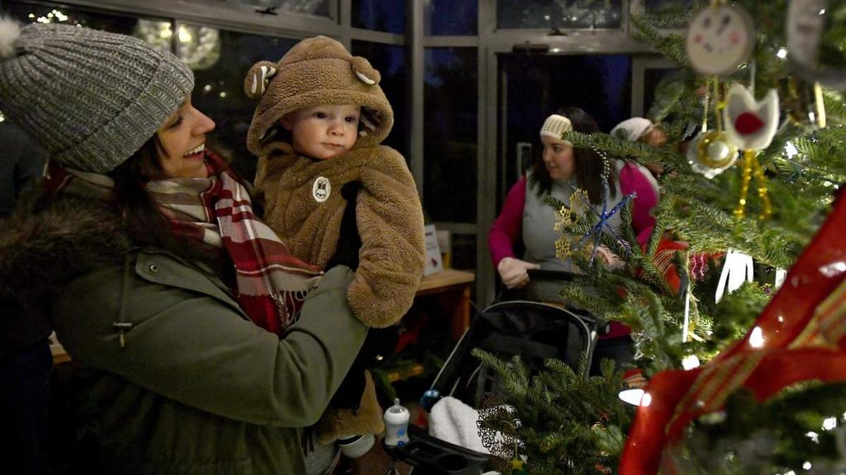 Jenna Holsberger holds JJ as he admires the lights on the tree in the Glass House at the annual Winter Celebration at The Arboretum at Penn State on Friday, December 8, 2017.