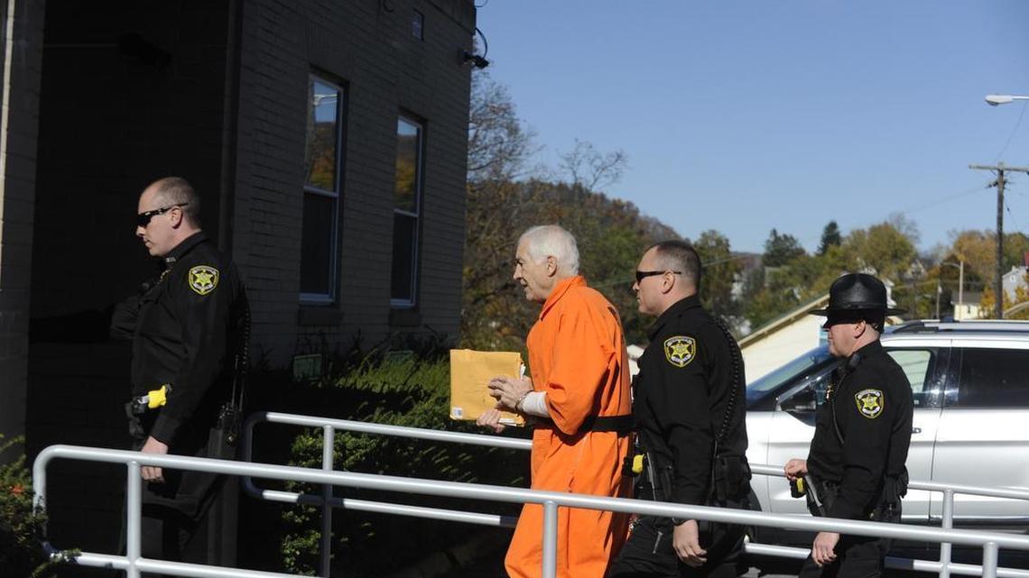 Jerry Sandusky arrives at the Centre County Courthouse in Bellefonte shortly before 12:15 p.m. Friday.
