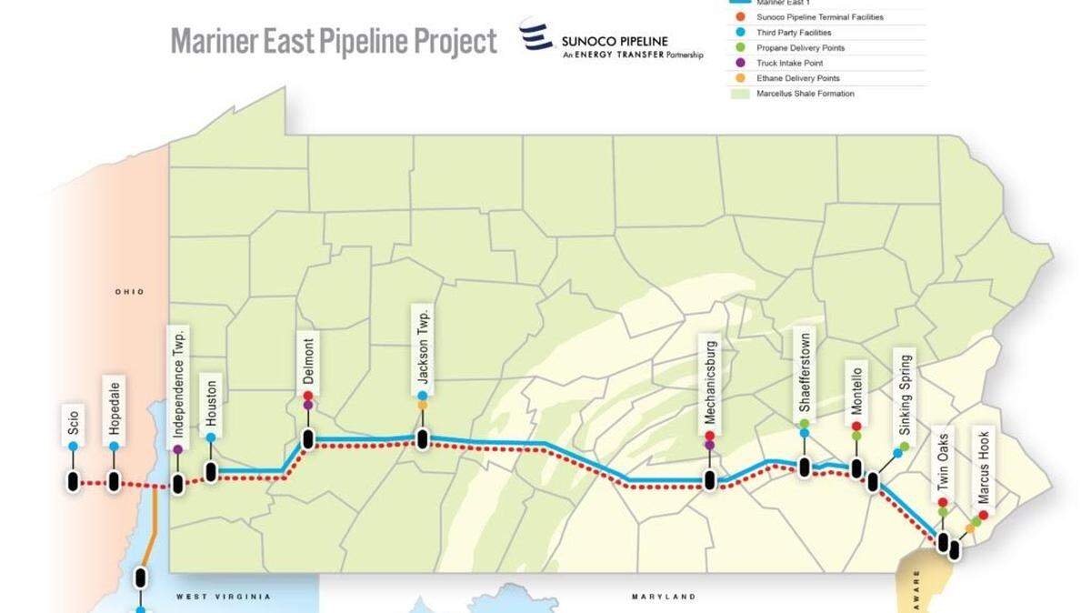 Map of Sunoco’s Mariner East Pipeline project.