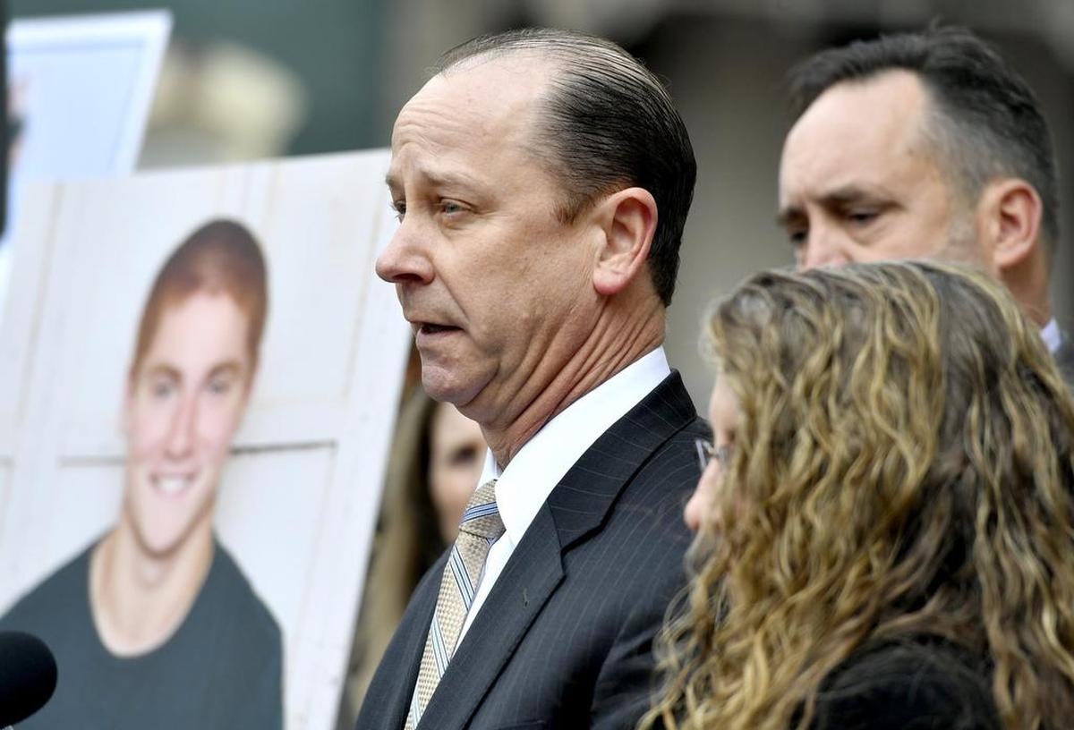 Jim Piazza speaks about the importance of passing anti-hazing legislation named after his son, Timothy Piazza, outside of the Centre County Courthouse on March 23, 2018.