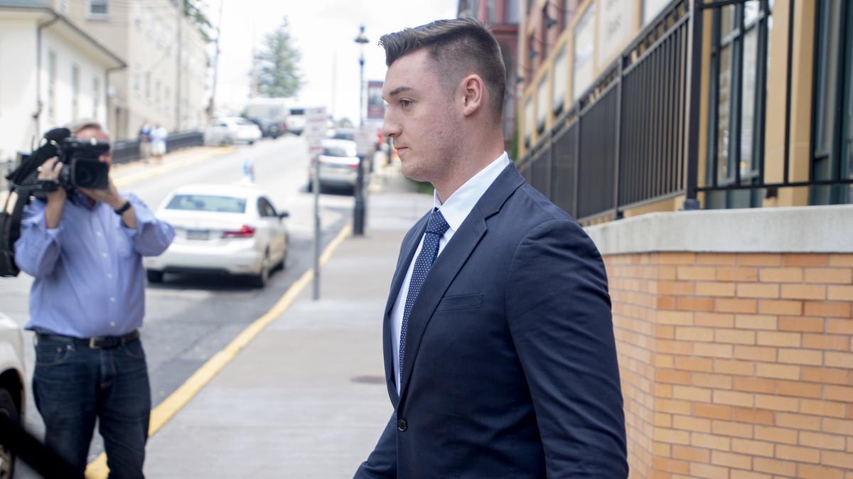 Beta Theta Pi brother Joseph Ems Jr. leaves the Centre County Courthouse Annex on Aug. 8, 2018 after pleading guilty to charges stemming from the investigation into Timothy Piazza’s hazing death.