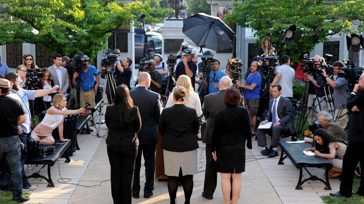 District Attorney Stacy Parks Miller addresses the media after the preliminary hearing for members of Beta Theta Pi charged in the death of Timothy Piazza at the Centre County Courthouse in Bellefonte on Monday. The preliminary hearing has been continued until July 10 and 11.
