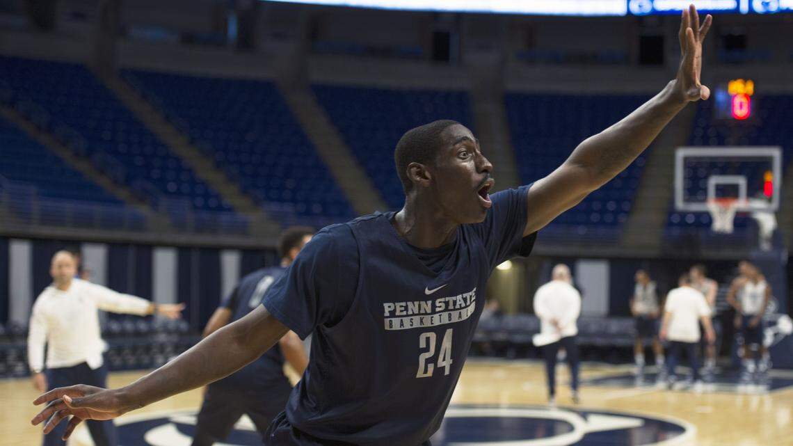 Penn State forward Mike Watkins participates in a drill at practice during Media Day on Wednesday, Oct 12, 2015 at the Bryce Jordan Center.