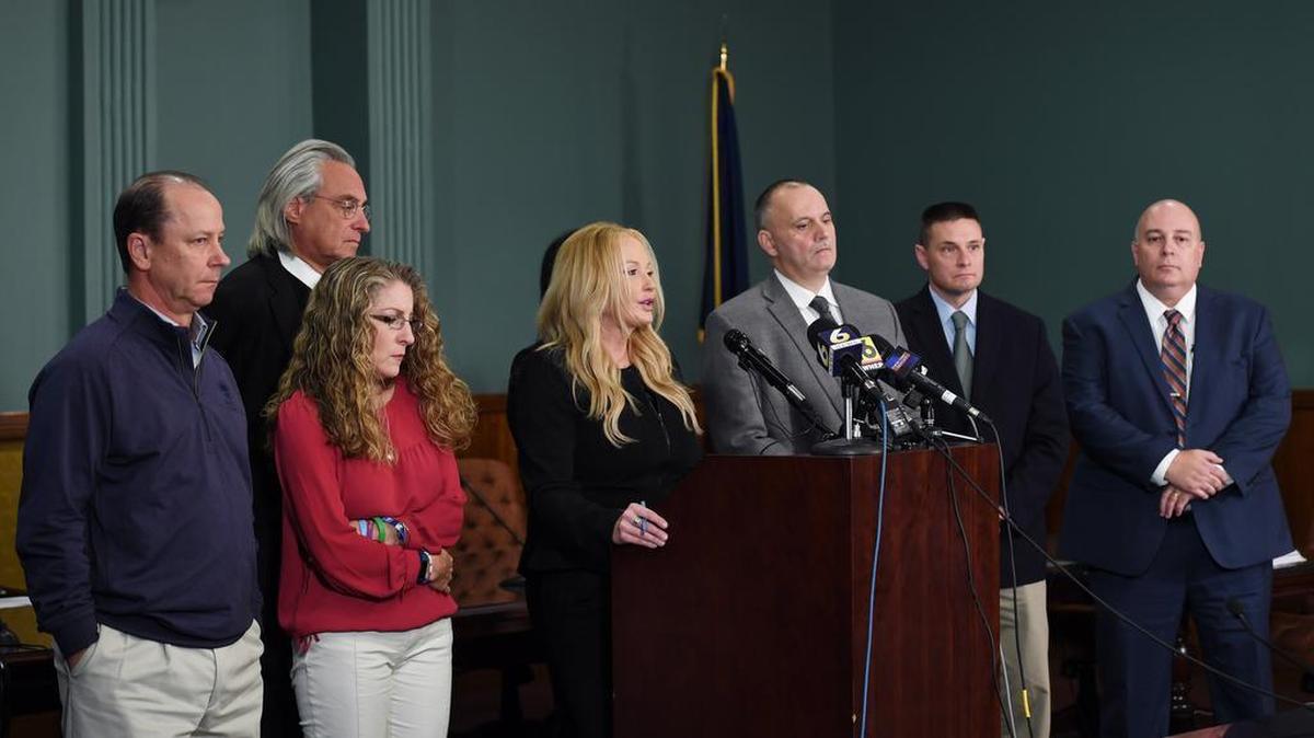 Centre County District Attorney Stacy Parks Miller announces on Monday, at the Courthouse Annex in Bellefonte, new charges based upon recovered video surveillance evidence against former Beta Theta Pi fraternity members in the death of pledge Timothy Piazza.
