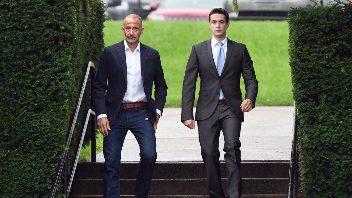 Former Beta Theta Pi house manager Braxton Becker, right, arrived at the Centre County Courthouse on Aug. 21 for the first day of the fourth preliminary hearing related to Timothy Piazza’s death.