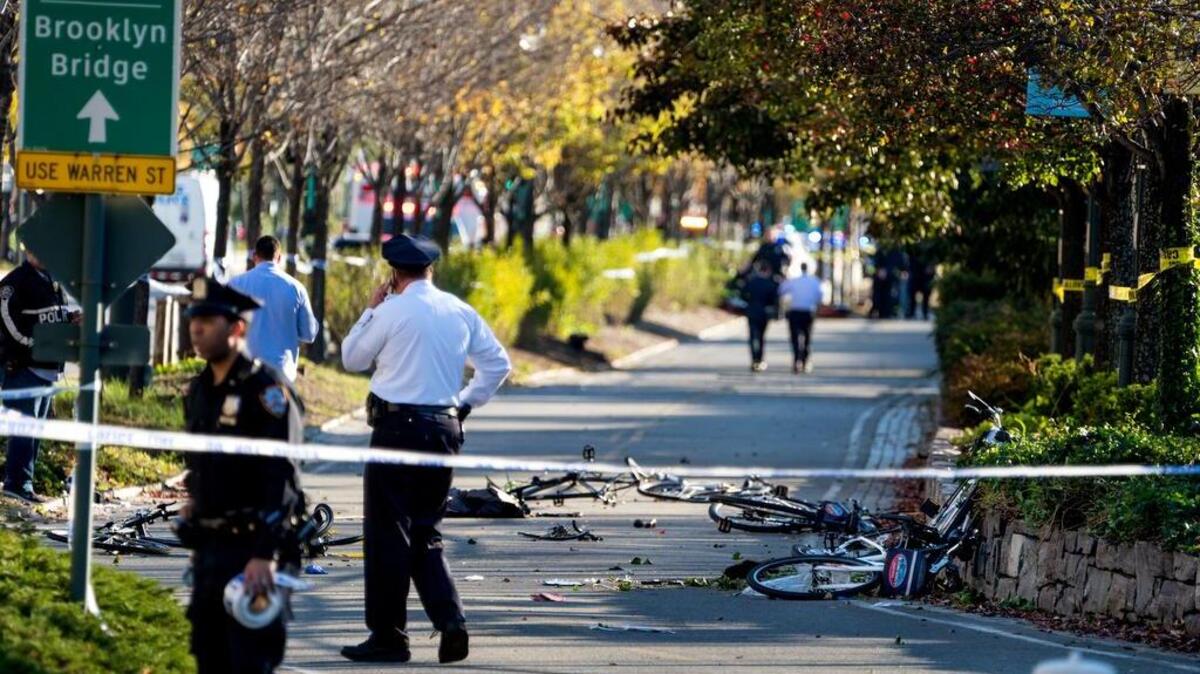 Bicycles and debris lay on a bike path after a motorist drove onto the path near the World Trade Center memorial, striking and killing several people Tuesday. According to police, the suspect, Uzbek national Sayfullo Saipov, brandished an air rifle and a paintball gun.